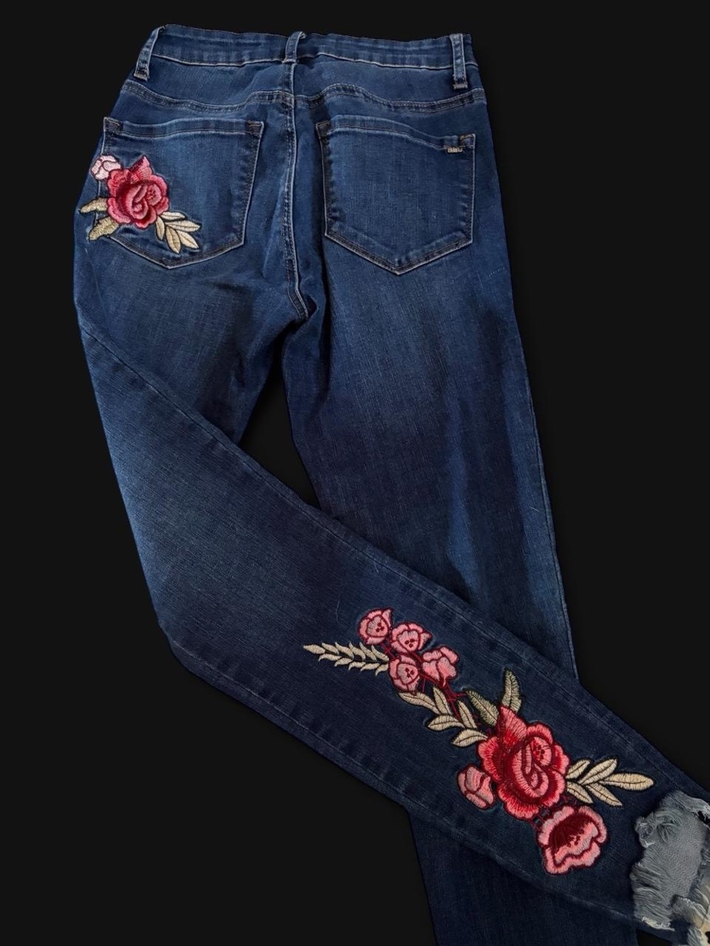Tractr Dark Blue Skinny Jeans with Pink & Red Rose Embroidery